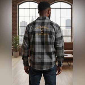 Unisex Yellowstone Black and Gray Plaid Shirt with Gold Embroidery SIZE LARGE